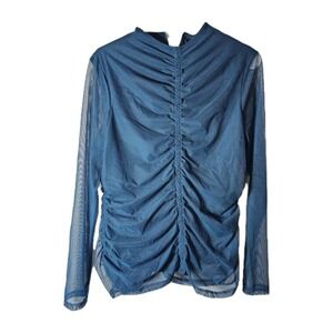 NWT DKNY‎ Womens Med Runched Long Sleeve Blouse Teal Lined Sheer Sleeves Zip